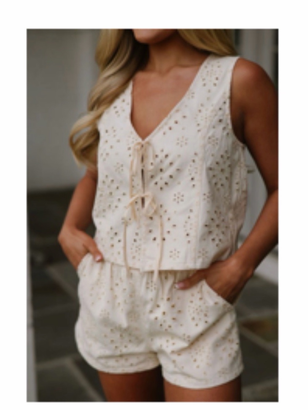 Le Lis Eyelet Front Tie Short Set- Cream